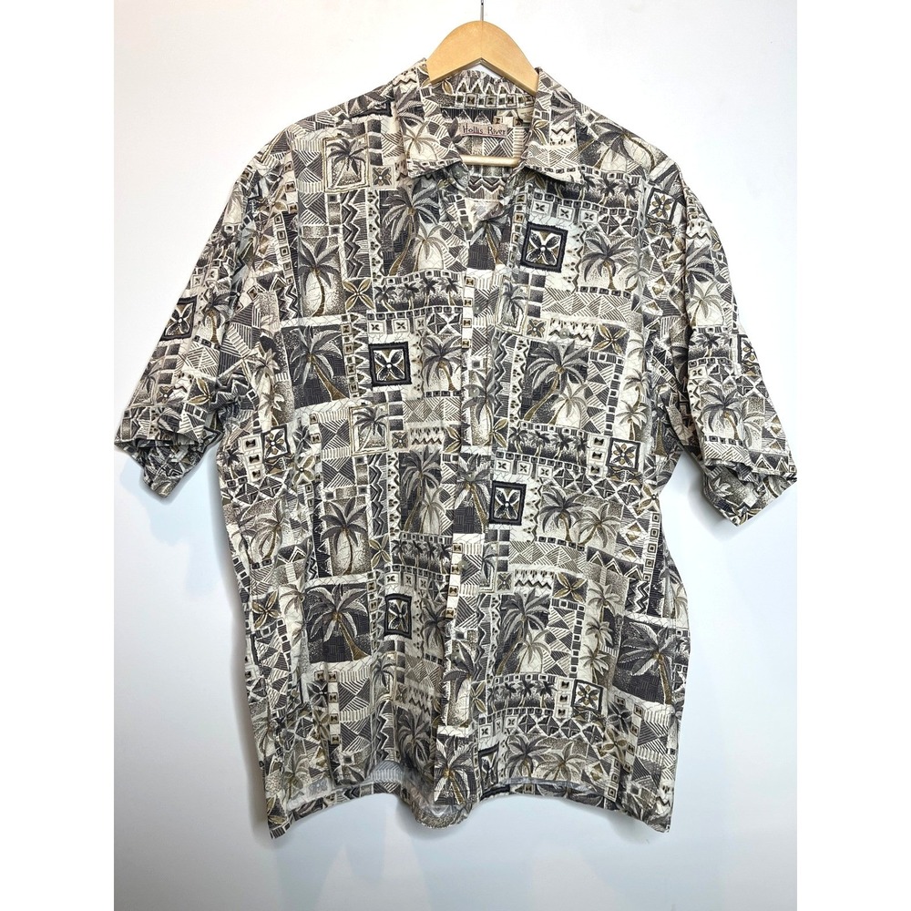 Hawaiian Palm Aloha Mens Short Sleeve‎ Shirt 100% Cotton Beige